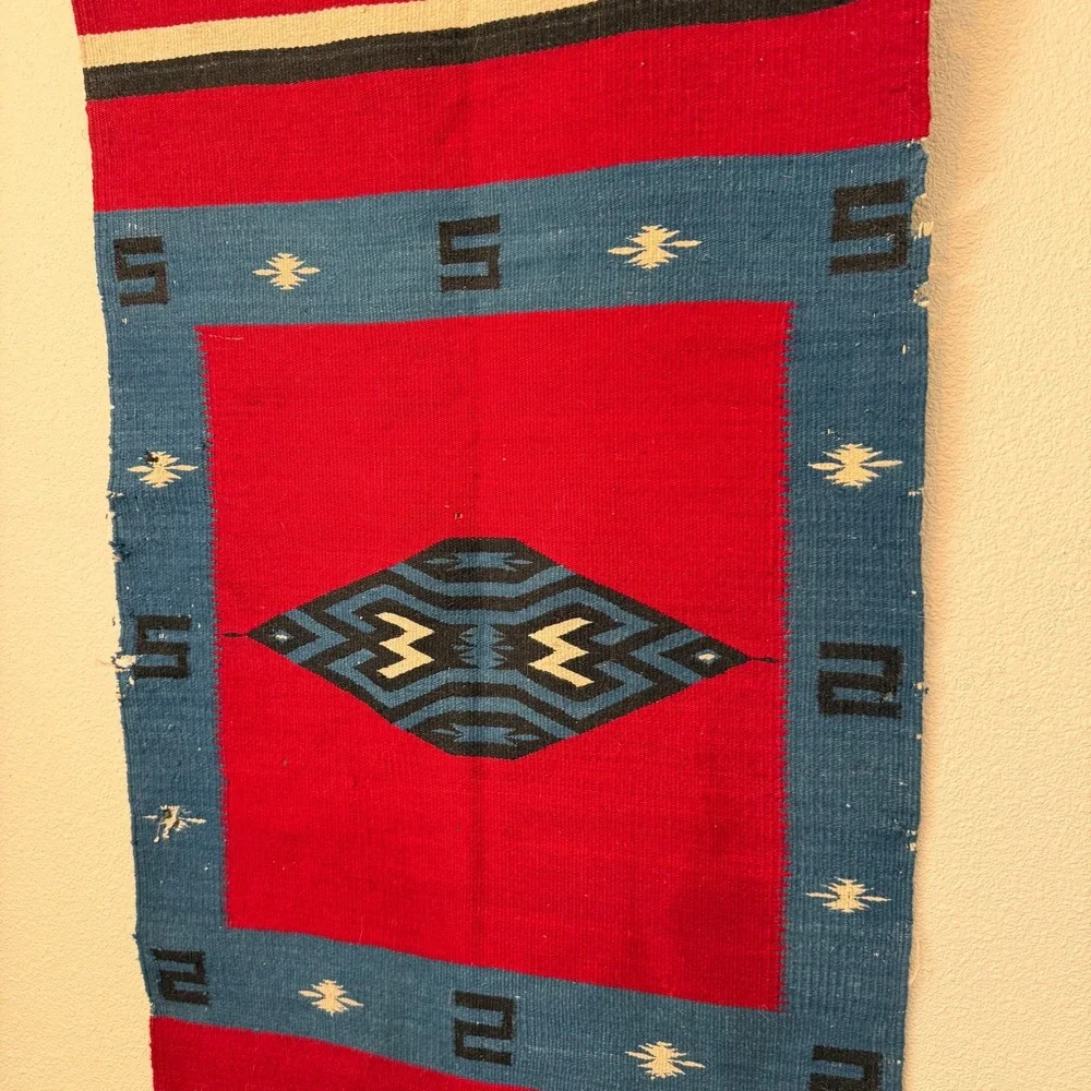 Vintage Southwestern Handwoven Wool Rug Red Blue Geometric Tribal Wall Hanging